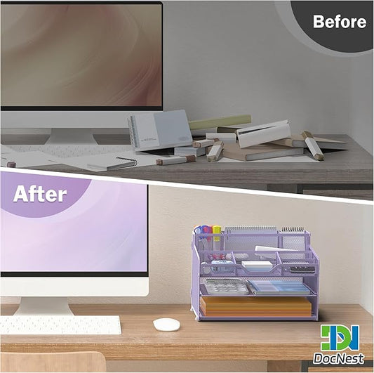 Docnest 3 Tier Mesh Desk Organizer for Paper Office Supplies – Multi-Functional Letter Tray with 5 Adjustable Compartments, 3 Pen Holders, Desktop Storage for Files, Mail, Stationery – Purple