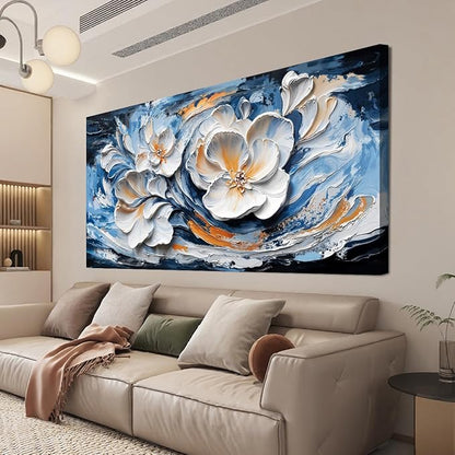 Large Canvas Wall Art Decor Wall Art Pictures for Living Room Abstract Canvas Art Wall Decor Blue White Wall Art Prints Modern Flower Wall Art Decorations Bederoom Office Home Decor 24" X 48"