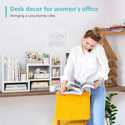 Desk Shelves Desktop Organizer Shlef - White Office Organization for Top of Desk Organizers and Accessories Corner Bookshelf Table Top Shelving Small Hutch Decorations for Women Office