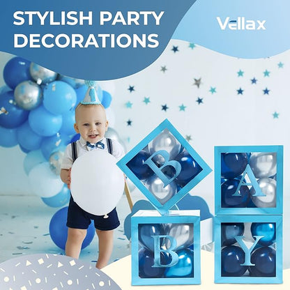 Baby Shower Boxes with Letters – Metallic Blue Boxes with Metallic Blue and Silver Balloons – 44-Piece Gender Reveal & Party Decoration Set by Vellax