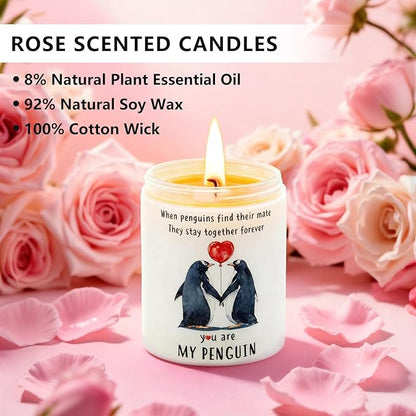 Rose Scented Candle Gift for Women Wife, You are My Penguin Pattern Jar 7oz Soy Wax Aromatherapy Candle,Gift for Couples, Her，Anniversary, Valentine's Day, Birthday，Christmas