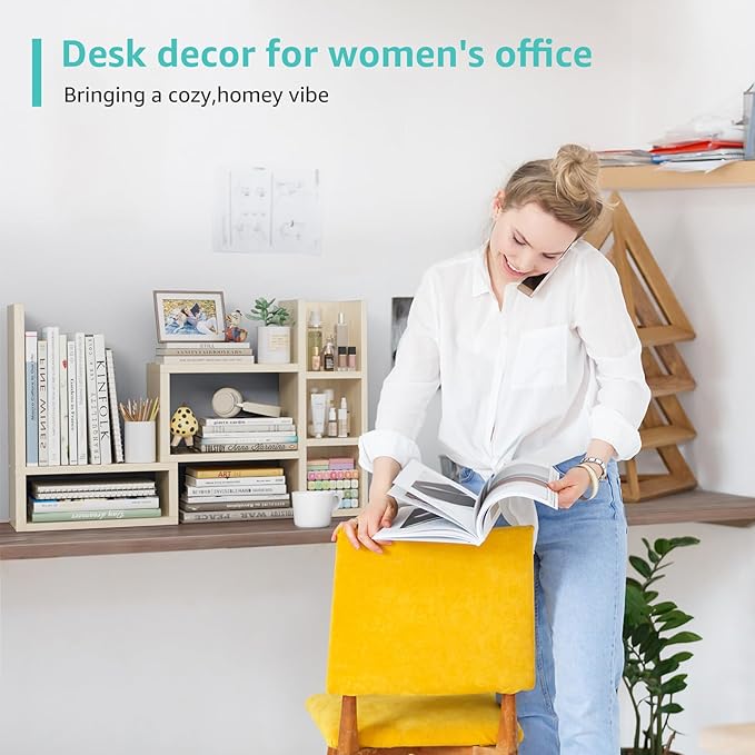 Desk Shelves Desktop Organizer Shlef - Natural Wood Tone Office Organization for Top of Desk Organizers and Accessories Corner Bookshelf Table Top Shelving Small Hutch Decorations for Office