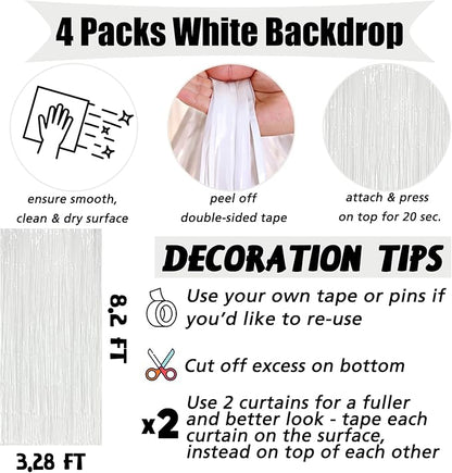 4 Pack White Fringe Curtain Backdrop, 3.2Ft x 8.2Ft Metallic Tinsel Foil Fringe Streamers Background for Photo Booth Birthday Wedding Baby Shower Carnival Easter Mother’s Day Party Decorations