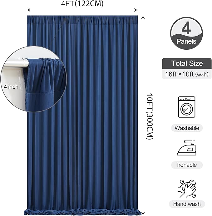 16 x 10ft Navy Blue Backdrop Curtains for Graduations Celebration Polyester Photo Backdrop Curtains No-Wrinkle Long Curtains for Parties Decorations Retirement Birthday Wedding Photoshoot, 4 Panels
