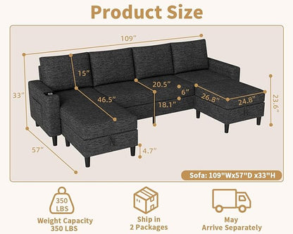 Smart Sectional Couches for Living Room, 6 Seat U/L Shaped Sectional Sofa with RGB Light/Charging, Modern Living Room Furniture for Apartments/Office/More (Black)
