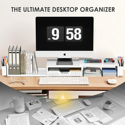 OPNICE Desk Organizers and Accessories, Dual Monitor Stand Riser with Drawer and 2 Pen Holders, Desk Shelf Metal Computer Racks for Office Workspace Organizers, Desktop Organization (White Metal)