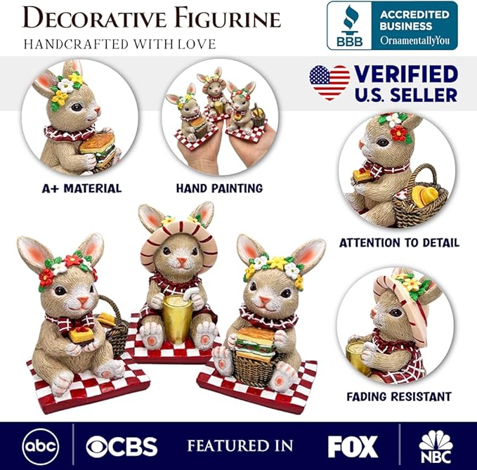 OrnamentallyYou Sweet Easter Decoration for Indoor & Outdoor (Joyful Picnic Gathering Bunny Trio Set of Three Figurines, Spring Rabbit Statue 4.5" Decor)