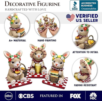 OrnamentallyYou Sweet Easter Decoration for Indoor & Outdoor (Joyful Picnic Gathering Bunny Trio Set of Three Figurines, Spring Rabbit Statue 4.5" Decor)