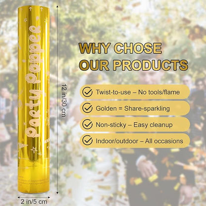 Gold Confetti Cannon Set 12 inch | 5-Pack Party Poppers for Weddings, Anniversary, Graduations, and Joyful Gatherings.