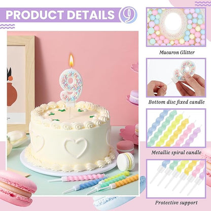 MTLEE Number 9 Birthday Candle with 12 Pcs Spiral Candles for Girls Macaron Pastel Rainbow Unicorn Pink Cake Topper for Sweet Theme Party Decoration