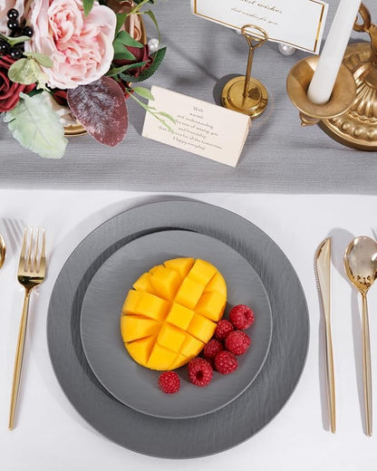 WONDERFUL 32pcs Dark Grey Plastic Plates Reusable Plates Unbreakable and Dishwasher safe Dishes Set Outdoor Plate Includes:16 Dinner 10" & 16 Dessert Plate 7.3" Suitable for Christmas New Year
