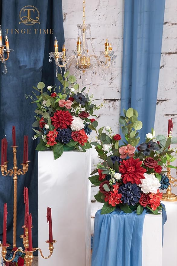 TINGE TIME Free-Standing Artificial Flower, Set of 2, Table Centerpiece with Rubber Pad, Silk Fake Flower for Wedding Centerpiece Archway Aisle Welcome Entrance (Red&NavyBlue)
