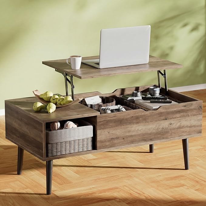 OLIXIS Wooden Coffee Table, Lift Top Coffee Table with Large Hidden Compartment and Ample Storage Shelf, Lift Tabletop Dining Table for Living Room, Home Small Space, Grey