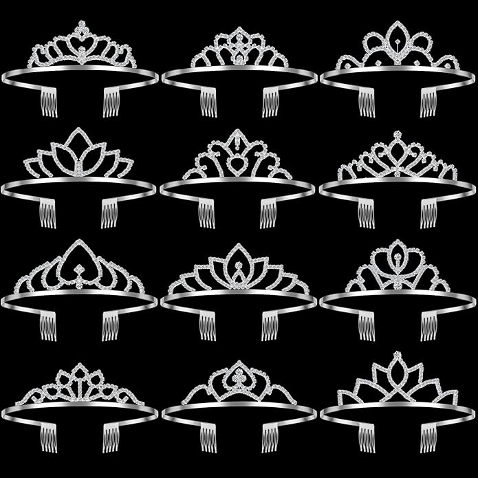 Remuuly 12 Pcs Princess Tiara for Women Silver Queen Tiara Rhinestone Hair Accessories, Princess Headbands Bulk for Bridal Wedding Birthday Prom Christmas Party, with Comb