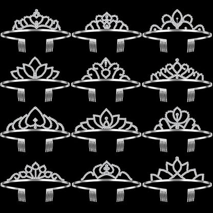 Remuuly 12 Pcs Princess Tiara for Women Silver Queen Tiara Rhinestone Hair Accessories, Princess Headbands Bulk for Bridal Wedding Birthday Prom Christmas Party, with Comb