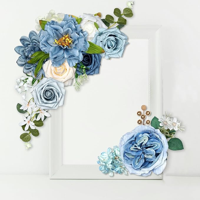 Blue Silk Flowers bulk Artificial - Fake Roses with Stems, Combo Dusty Blue Flowers for DIY Wedding Bouquets Bridal Shower Centerpieces, Home Decorations, Table Centerpieces, Floral Arrangement.