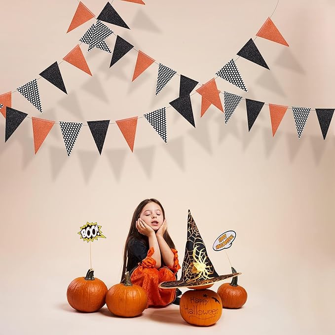 Cheerland Halloween Pennant Banner Glitter Black Orange White Dot Triangle Flag Bunting Garland for Halloween Thanksgiving Party Decorations