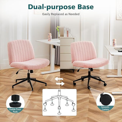 OLIXIS Criss Cross Chair with Wheels Wide Cross Legged Office Desk Vanity Chair Comfy Fabric Armless Adjustable Swivel for Home Computer Task Teddy Pink
