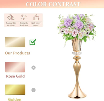 10Pcs/Set Flower Centerpiece Table Decorations Gold Trumpet Vases with Crystal Bead for Wedding Centerpieces Birthday Party Event Home Decor