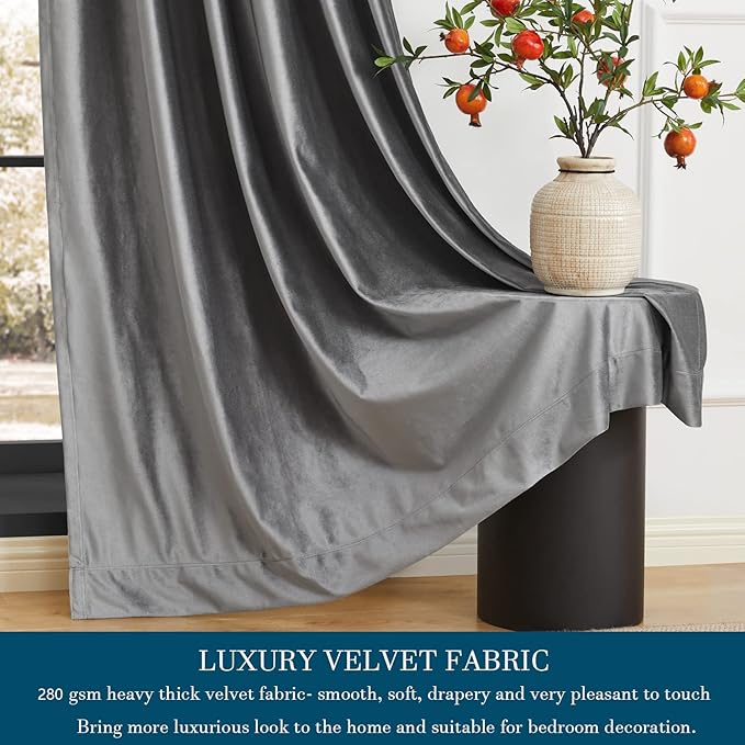 PRIMROSE Dark Grey Velvet Curtains 96 inch Long for Living Room,Set of 2 Panels Blackout Rod Pocket Back Tab Window Treatment Room Darkening Heavy Decorative Curtains Drapes for Bedroom