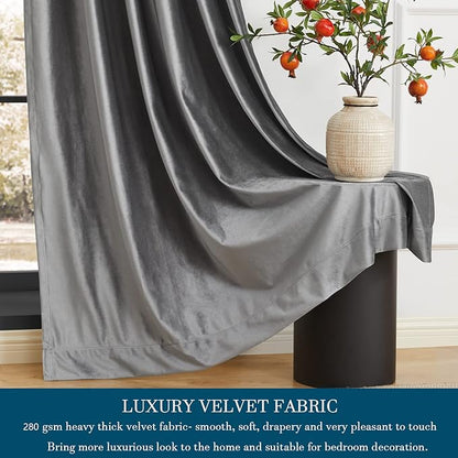 PRIMROSE Dark Grey Velvet Curtains 63 inch Long for Living Room,Set of 2 Panels Blackout Rod Pocket Back Tab Window Treatment Room Darkening Heavy Decorative Curtains Drapes for Bedroom