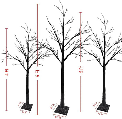 Set of 3 Lighted Black Halloween Tree 4FT 5FT and 6FT, Higher Size, Timer Function Orange & Purple Spooky Tree with 96 LED Lights for Indoor & Outdoor Halloween Decorations Yard Garden Home Party