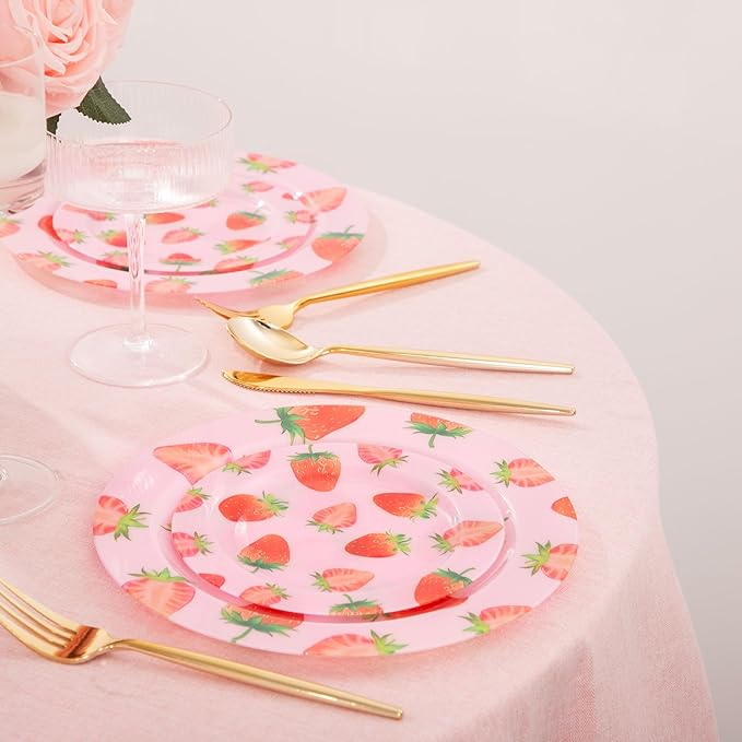 WELLIFE 20PCS Strawberry Plates – Pink Plastic Dinner & Dessert Plates (10×9.2" + 10×6.3"), Girls Birthday Party Plates, Baby Shower Tableware & Berry First Birthday Decorations