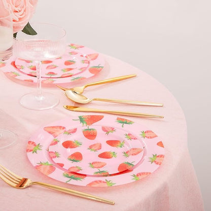 WELLIFE 20PCS Strawberry Plates – Pink Plastic Dinner & Dessert Plates (10×9.2" + 10×6.3"), Girls Birthday Party Plates, Baby Shower Tableware & Berry First Birthday Decorations