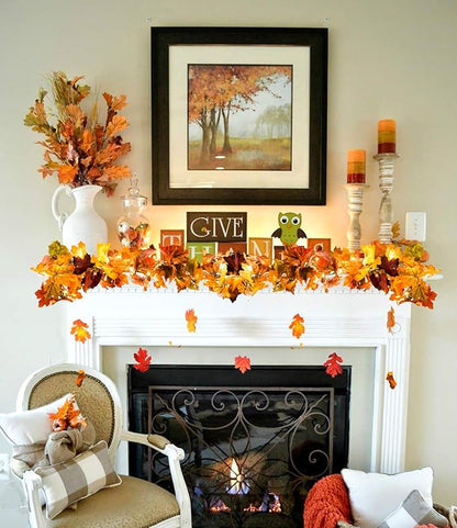 DearHouse 2 Pack Fall Maple Leaf Garland, 5.9Ft/Piece Hanging Vine With 16.4ft 40 Led String Light, Artificial Autumn Thanksgiving Decor for Home Wedding Fireplace Party