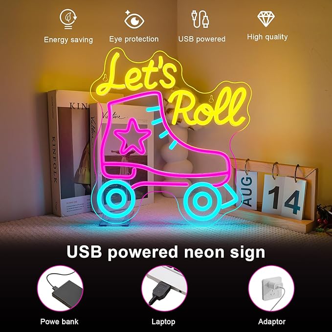 Lucunstar Let's Roll Neon Sign Roller Skating Neon Dimmable Led Sign Party Wall Decor Neon Light up Signs for Roller Skates Store Club Sports Venues Sign Player Room Gift