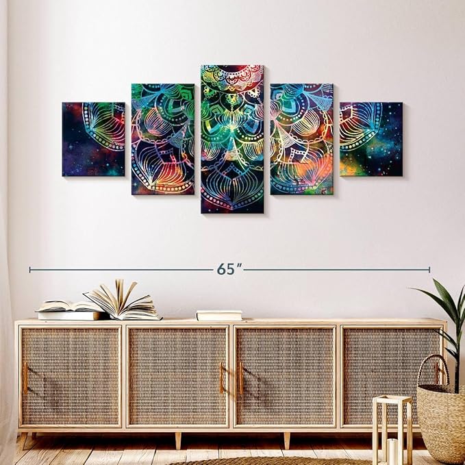 ElephantStock - Celestial Mandala Wall Art - Horizontal Multi Panel Canvas - 5 Piece Living Room Wall Decor - Digital Art Elements Multi Piece Wall Art - Turquoise And Blue Decor - 55" x 24"