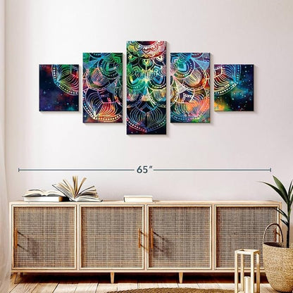 ElephantStock - Celestial Mandala Wall Art - Horizontal Multi Panel Canvas - 5 Piece Living Room Wall Decor - Digital Art Elements Multi Piece Wall Art - Turquoise And Blue Decor - 55" x 24"