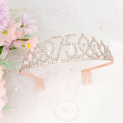 CIEHER 75th Birthday Gift Set - Crown, Sash, Pearl Pin, Decorations and Party Supplies for Women's Fabulous 75th Celebration
