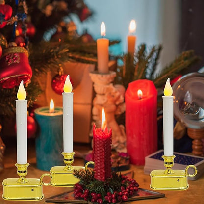 Set of 4 Battery Operated LED Window Candles with Dusk to Dawn Sensor, Flicker Flame Christmas Candles with Gold Base, 10 Inch Flameless Taper Candle Lights for Table Window Bedroom Christmas Decor