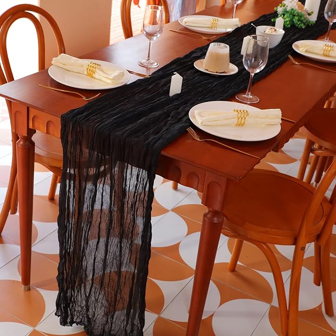 Snowkingdom 6PCS 10 Ft Black Cheesecloth Table Runner, 120 inch Long Cheese Cloth Boho Gauze Runners for Wedding Bridal Baby Shower Birthday Holiday Party Halloween Table Decorations