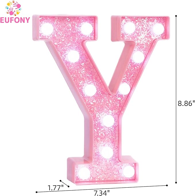 Pink LED Marquee Light Up Letters, Glitter Alphabet Letter Lights for Birthday Party Decorations, Battery Operated Letter Signs for Girls Room Table Decor, Pink letter Y with Cool White Lights