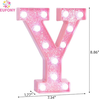 Pink LED Marquee Light Up Letters, Glitter Alphabet Letter Lights for Birthday Party Decorations, Battery Operated Letter Signs for Girls Room Table Decor, Pink letter Y with Cool White Lights