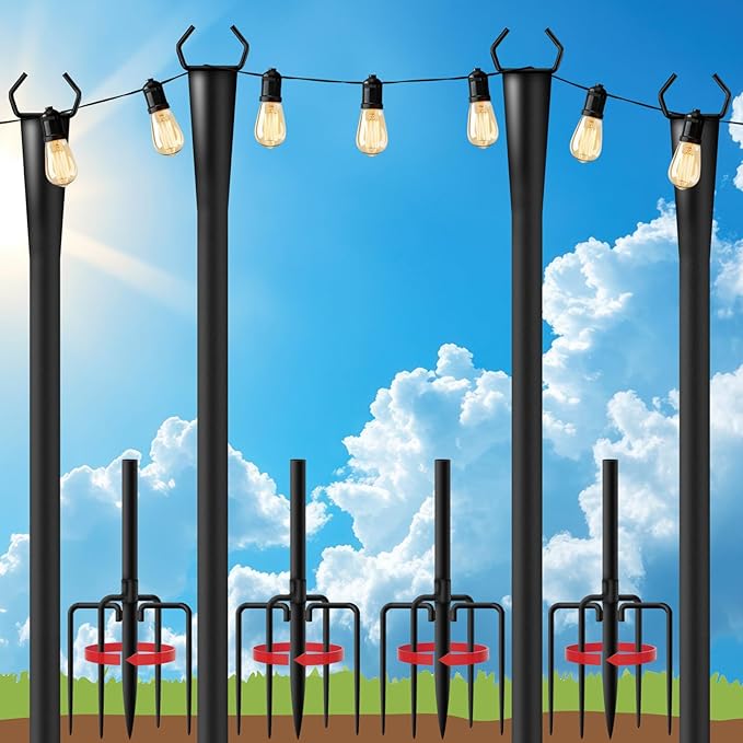 4 Pack 10Ft String Light Poles for Outside, Metal Outdoor Light Poles with 5 Prongs for Garden Patio Backyard Deck, Fence Bracket Hanging Light for Party Wedding Decor