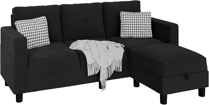JAMFLY Convertible Sectional Couches for Living Room, L-Shaped Couch 3 Seat Sectional Sofa Set with Corduroy Fabric and Movable Ottoman Small Couch for Apartments, Office(Black)