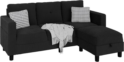 JAMFLY Convertible Sectional Couches for Living Room, L-Shaped Couch 3 Seat Sectional Sofa Set with Corduroy Fabric and Movable Ottoman Small Couch for Apartments, Office(Black)