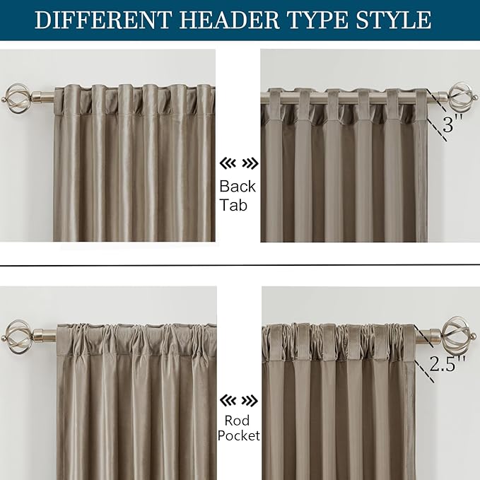 PRIMROSE Taupe Curtains 102 inch for Living Room,2 Panels Velvet Drapes Blackout Rod Pocket Back Tab Window Treatment Room Darkening Decorative Thick Curtains for Bedroom