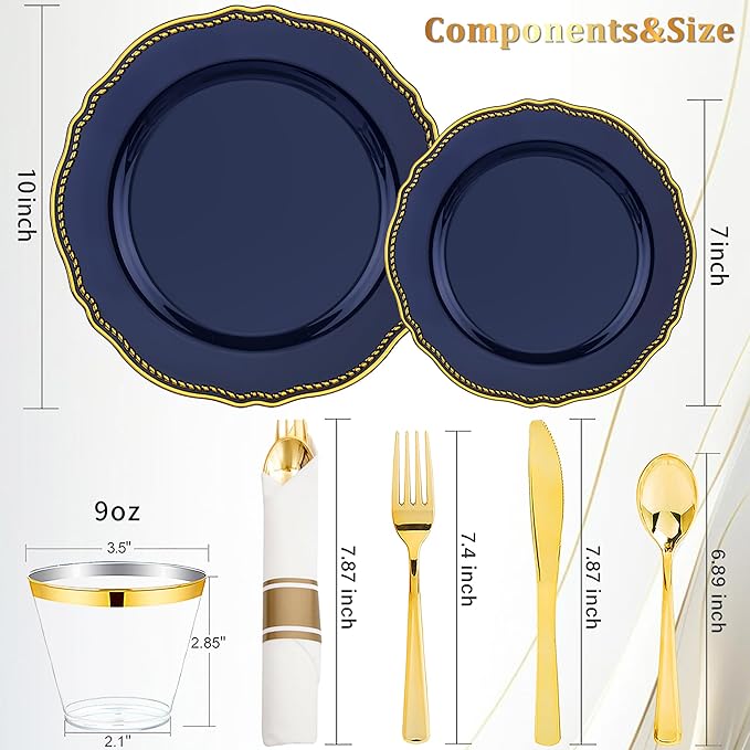 Hioasis 350pcs Blue and gold Plastic Plates - Blue Plastic Dinnerware Set Includes 50 Dinner Plates, 50 Dessert Dinnerware, 50 Cups, 50 Rolled Napkin Cutlery Perfect for Wedding & Christmas