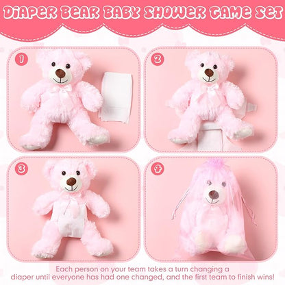 Soulchen 6 Set Bear Blindfolded Diaper Changing Baby Shower Games 14 Inch Bear Plushes with Dolls Diapers Bottles Shirts for Gender Reveal Bridal Shower Game Prize Gift Guest Adult(Pink)