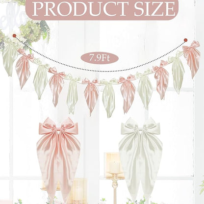 VitalCozy 1 PCS White Pink Bow Garland Banner, Satin Ribbon Hanging Party Bow Garland Decoration for Birthday Baby Shower Wedding Party Supplies