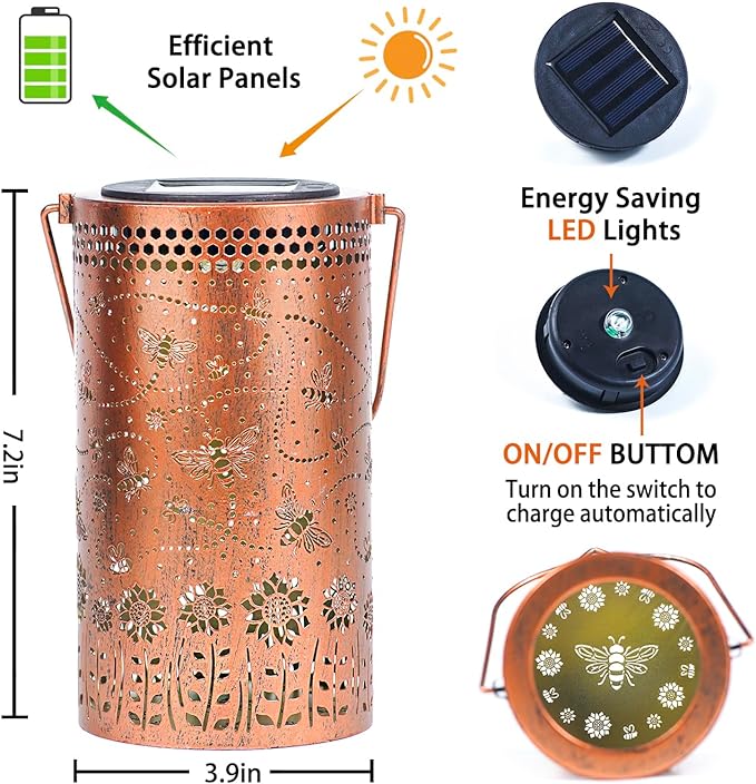 Bee Solar Lanterns Outdoor Waterproof Hanging Solar Lights Bee Gifts for Women Men Metal Honeybee Decorative LED Lanterns for Yard, Patio, Lawn, Tabletop, Pathway, Landscape, Garden Decor