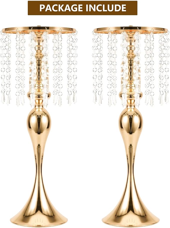 Wedding Centerpieces for Tables - Gold Flower Vases for Centerpieces, 2Pcs Tall Metal Flower Vases with Chandelier Crystal, 21.3in Flower Stand for Wedding Reception Birthday Party Events Home Decor