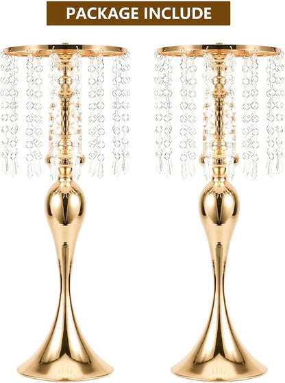 Wedding Centerpieces for Tables - Gold Flower Vases for Centerpieces, 2Pcs Tall Metal Flower Vases with Chandelier Crystal, 21.3in Flower Stand for Wedding Reception Birthday Party Events Home Decor