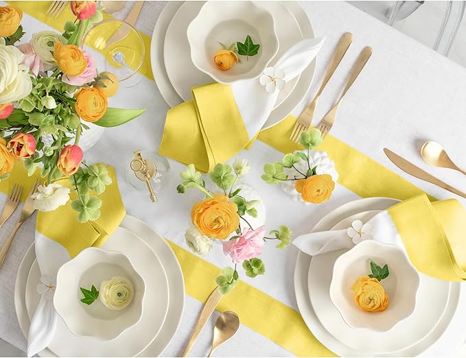 Solino Home Linen Table Runner 108 Inches Long - 100% Pure Linen Sunshine Yellow and White Table Runner 14 x 108 Inch - Contempo
