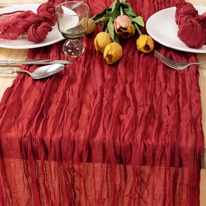 MLMC 3 Pack Red Table Runner Boho Rustic Gauze Cheesecloth Table Runner Cheese Cloth Centerpiece Decor 35x120 Inches for Wedding Winter Reception Christmas Valentine's Day Decor