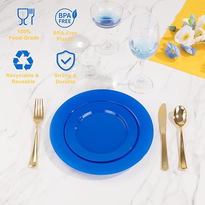I00000 200 Pcs Hanukkah Plastic Plates, Hanukkah Plates Disposable Blue Party Plates Include 100 Blue Dinner Plate 10’’ and 100 Plastic Dessert Plate 7’’ Perfect for Hanukkah, Party
